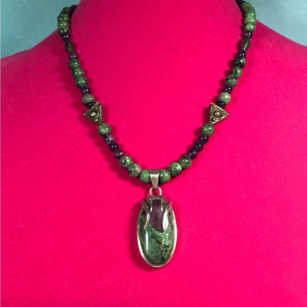 Ruby In Zoisite Natural Beaded Pendant Necklace - image 1